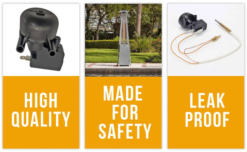 Drop In Regular Tilt Switch Replacement For Patio Heaters With Tip Over Protection Impact Guard Flame Out Protection And Automatic Shutoff Easy Install displayed with heater and components