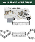 Super Sturdy Dog Playpen With Sun Shade Standing 24 Inches High Packs 16 Easy Clip Panels arranged near RV for outdoor use.
