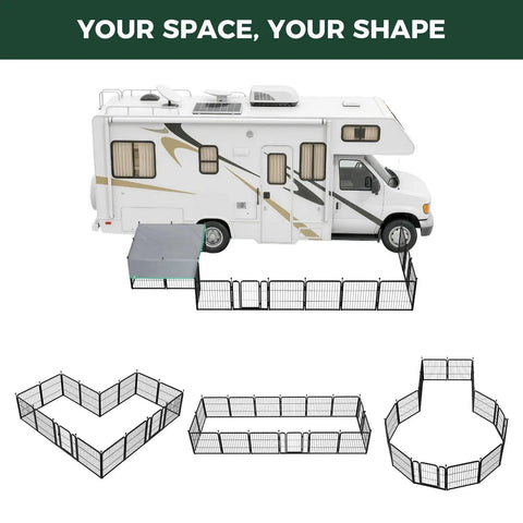 Super Sturdy Dog Playpen With Sun Shade Standing 24 Inches High Packs 16 Easy Clip Panels arranged near RV for outdoor use.