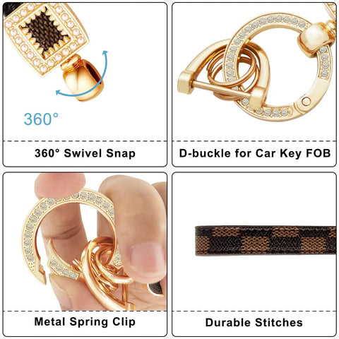 Dope And Totally Legit Premium Leather Wristlet Keychain Featuring Sparkling Crystal Diamonds And Classy Craft Pearls showing 360° swivel snap and durable metal clip