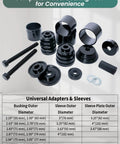 24 Piece Wheel Bearing Press Kit for Front Wheel Drive Vehicles with adapters and 7.5 inch screw displayed on a table.