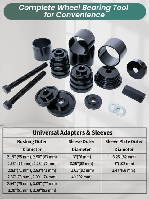 24 Piece Wheel Bearing Press Kit for Front Wheel Drive Vehicles with adapters and 7.5 inch screw displayed on a table.