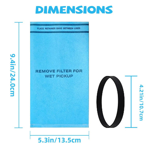 12 Pack Dust Filter Bags Replacement For 2 To 2.5 Gallon Wet Dry Vacs And Powerhead Bucket Vac With 3 Retaining Bands In Blue Part 9-38737 Compatible With Most 2 To 2.5 Gallon Vacuums. Image shows blue bag and retaining band with dimensions.