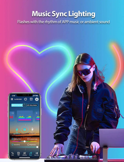 Dope RGB LED Neon Rope Lights 6Ft With App Control And IR Remote, Music Sync feature displayed with DJ and smartphone at party