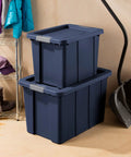 Eight Pack Heavy Duty Storage Bins With Secure Snap Lids Rock Solid Plastic Totes Built Like A Tank For Garage Basement Outdoor Campout Gear And Seasonal Gear 30 Gallon Capacity Dark Indigo Bucket stacked in storage area.