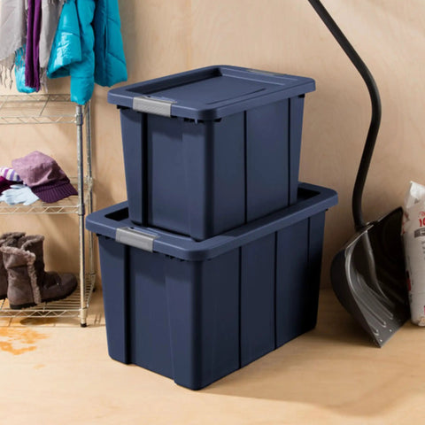 Eight Pack Heavy Duty Storage Bins With Secure Snap Lids Rock Solid Plastic Totes Built Like A Tank For Garage Basement Outdoor Campout Gear And Seasonal Gear 30 Gallon Capacity Dark Indigo Bucket stacked in storage area.