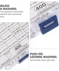 Close-up of 400Pcs Stainless Steel Tooth Lock Washer Set with serrated washers and transparent storage box.