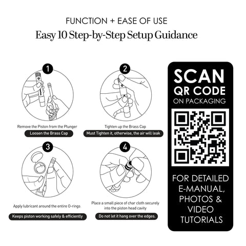 Infographic showing setup steps for 2 In 1 Fire Piston And Ferro Rod Starter Kit, including piston removal and QR code for instructions.