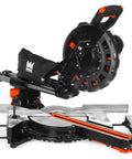 15 Amp 10 Inch Sliding Compound Miter Saw With Laser For Seriously Precise Cuts Crosscut Boards Up To 13.4 Inches Wide And 3.5 Inches Thick Bevel And Miter To 45 Degrees With Five Positive Stops Lock At Any Angle Includes A 40 Tooth Carbide Blade - side view showing blade and laser guide