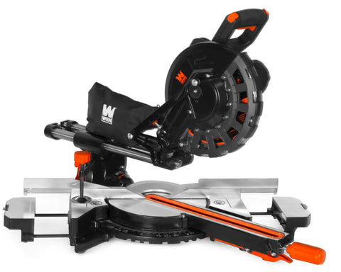 15 Amp 10 Inch Sliding Compound Miter Saw With Laser For Seriously Precise Cuts Crosscut Boards Up To 13.4 Inches Wide And 3.5 Inches Thick Bevel And Miter To 45 Degrees With Five Positive Stops Lock At Any Angle Includes A 40 Tooth Carbide Blade - side view showing blade and laser guide