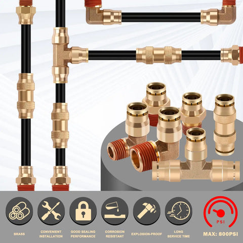 Heavy Duty Brass 3/8 Inch DOT Air Fittings Kit with 32.8 Ft Air Line Hose Quick Connect for Semi Trucks and Industrial Air Systems