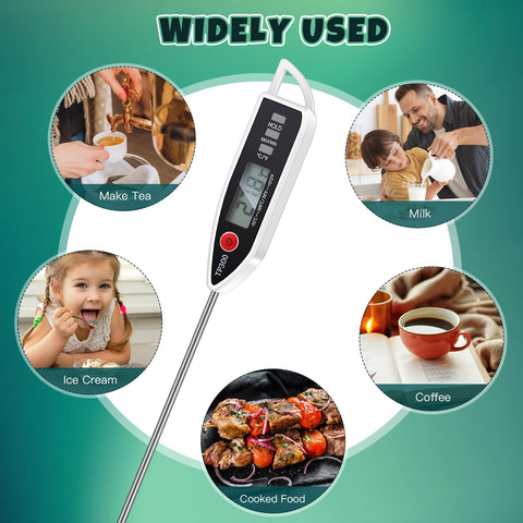 Six Piece Waterproof Digital Food Thermometer Set With Long 9.2 Inch Probes, Instant Read Temps For Water, cooking uses shown