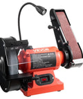 Heavy Duty Eight Inch Bench Grinder Paired With Two By Twenty Eight Belt Sander Combo features LED light and sturdy shield for metal work.