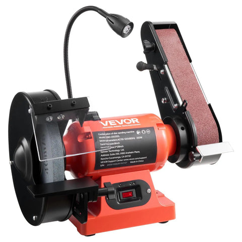 Heavy Duty Eight Inch Bench Grinder Paired With Two By Twenty Eight Belt Sander Combo features LED light and sturdy shield for metal work.