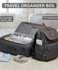 Travel organizer box shown packed in a suitcase, next to a backpack, demonstrating easy packing and organization options.