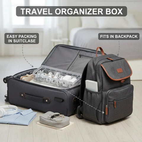 Travel organizer box shown packed in a suitcase, next to a backpack, demonstrating easy packing and organization options.