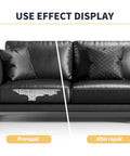 Leather Repair Tape Self Adhesive Patch Kit 3x60 Inches Black For Furniture Sofa Car Seats And Office Chairs Vinyl Repair Tape To Patch Tears And Rips Easy Cut To Fit applied on black sofa showing before and after repair effect.
