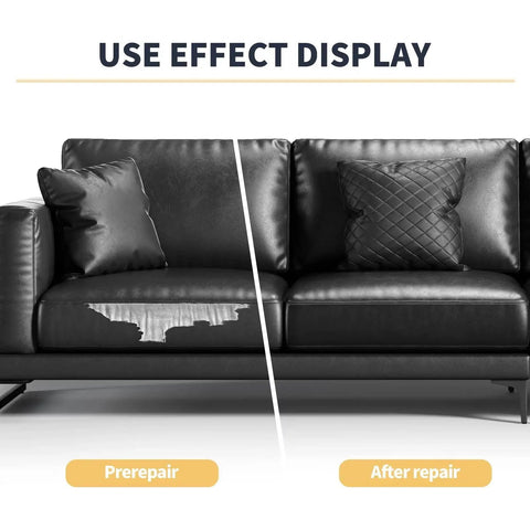 Leather Repair Tape Self Adhesive Patch Kit 3x60 Inches Black For Furniture Sofa Car Seats And Office Chairs Vinyl Repair Tape To Patch Tears And Rips Easy Cut To Fit applied on black sofa showing before and after repair effect.
