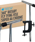 Bulletproof Rotary Fly Tying Vise With Bench Clamp features a chrome finish, secure grip, and 360-degree rotation for easy fly crafting.