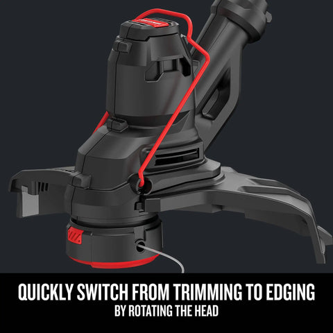 Corded 6.5 Amp String Trimmer With 14 Inch Cutting Width Push Button Line Feed close-up of trimming head and edge switch feature