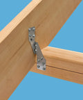 Hurricane Tie H2.5A 18 Gauge Galvanized Structural Tie attached to wooden beams, showing embossed bend lines and arrow indicator for easy install.