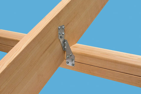Hurricane Tie H2.5A 18 Gauge Galvanized Structural Tie attached to wooden beams, showing embossed bend lines and arrow indicator for easy install.