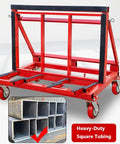 Heavy Duty Foldable Moving Dolly For Hauling Drywall And Marble Slabs 2200 Lb Capacity showing red frame with wheels and adjustable height.