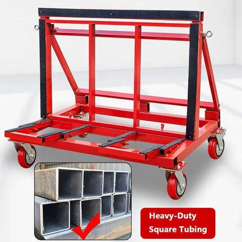 Heavy Duty Foldable Moving Dolly For Hauling Drywall And Marble Slabs 2200 Lb Capacity showing red frame with wheels and adjustable height.