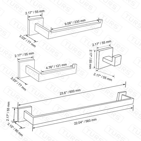 Technical drawing of Five Piece Bathroom Hardware Set With Polished Stainless Steel Towel Bar And Rail, dimensions included.