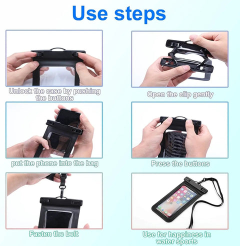 Step-by-step guide to using Three Pack Universal Waterproof Phone Pouches With IPX8 Dry Bag Case, Fits Most Screens Up To 8.4 Inches Tall.