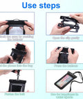 Step-by-step usage of Waterproof Phone Pouch 2 Pack IPX8 Dry Bag Case Fits Any Phone Up To 8.4 Inches with neck strap