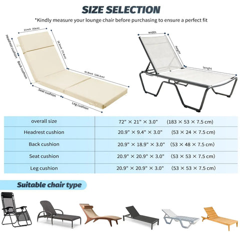 Illustration of Outdoor Chaise Lounge Cushions 72 Inch By 21 Inch By 3 Inch Four Section Folding Design, beige, size details.