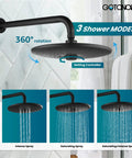 10 Inch Round Rainfall Shower Head Kit With 3 Modes And 6 Function Handheld Spray Wall Mounted System Includes Pressure Balanced Valve And Trim Included Matte Black showing spray modes