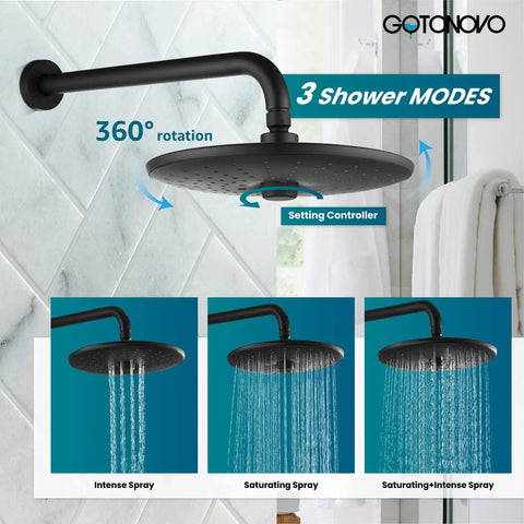10 Inch Round Rainfall Shower Head Kit With 3 Modes And 6 Function Handheld Spray Wall Mounted System Includes Pressure Balanced Valve And Trim Included Matte Black showing spray modes