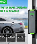 Level 2 EV Charger 40A 240V Portable J1772 With 21 Ft Cable And NEMA 14 50 Plug Home Charging Station next to car