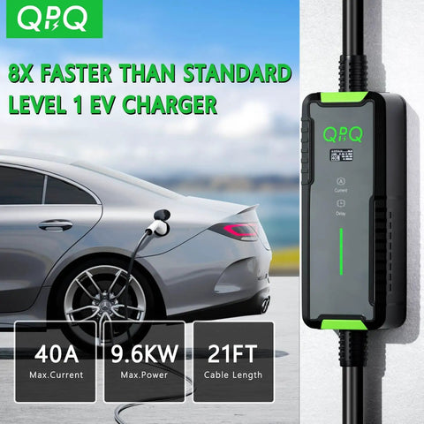 Level 2 EV Charger 40A 240V Portable J1772 With 21 Ft Cable And NEMA 14 50 Plug Home Charging Station next to car