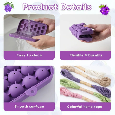 Silicone Grape Soap Mold Kit with easy-to-clean purple mold, flexible and durable design, smooth surface, and colorful cords.