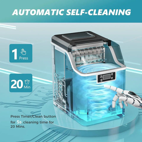 Countertop Ice Cube Maker Machine With 24 Cubes Fast Ice In 13 Minutes, 45 Lbs Per Day, 2 Water Inlets, Auto Clean