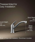 JOLT Swing Spout Faucet Without Side Spray In Metal Construction With Polished Chrome Finish, faucet dimensions illustration.