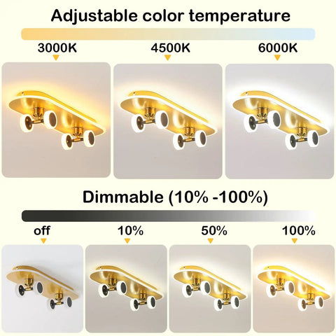 Skateboard LED Ceiling Light Fixture 32W Dimmable With Remote For Kids Room Flush Mount Modern Bedroom Lighting Nursery