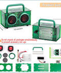 Bluetooth Speaker Kit With LED Light For Kids And Teens Build Your Own Portable Speaker In Green Transparent Acrylic Case Fun Hands On STEM Project For Girls And Boys Ages 8 Through 16 showing components and dimensions.