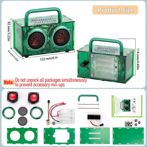 Bluetooth Speaker Kit With LED Light For Kids And Teens Build Your Own Portable Speaker In Green Transparent Acrylic Case Fun Hands On STEM Project For Girls And Boys Ages 8 Through 16 showing components and dimensions.