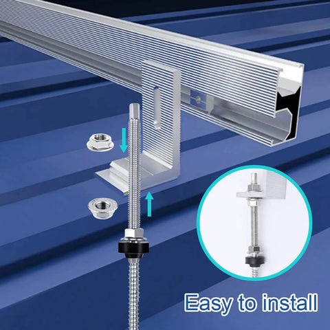 Straight Up Heavy-Duty Stainless Steel Hanger Bolts M10x200, No-Sweat Pre-Assembled Height Adjustable V2a Hardware for Solar Roof Panel Mounting, 8 Pack Go-Getter Kit, detailed installation view with nuts.