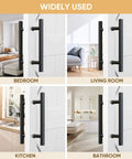 12 Inch Push Pull Barn Door Handle Set Double Side H Shape Sliding Door Hardware Heavy Duty Swing Gate Handles Matte Black Carbon Steel Anti Rust Finish Easy Install With Screws And Installation Manual, shown in bedroom, living room, kitchen, and bathroom settings.
