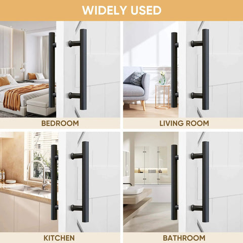 12 Inch Push Pull Barn Door Handle Set Double Side H Shape Sliding Door Hardware Heavy Duty Swing Gate Handles Matte Black Carbon Steel Anti Rust Finish Easy Install With Screws And Installation Manual, shown in bedroom, living room, kitchen, and bathroom settings.