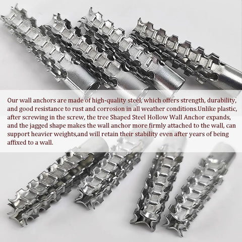 Close-up of heavy-duty steel hollow wall anchors with expansion ribs, 5/16 inch, zinc plated, for drywall and concrete repairs.
