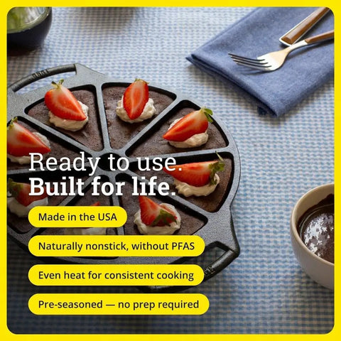 Eight Impression Cast Iron Wedge Pan For Even Edge To Edge Baking, Preseasoned And Ready To Use with strawberry dessert topping.