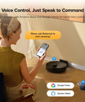 Woman using app to control Robot Vacuum and Mop Combo With 10,000 Pa HyperForce Suction, LiDAR Navigation, App Control.