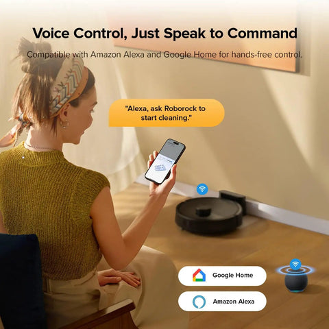 Woman using app to control Robot Vacuum and Mop Combo With 10,000 Pa HyperForce Suction, LiDAR Navigation, App Control.