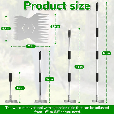 Dual Head Garden Weeding Tool With 63 Inch Long Handle 24 Claw Steel Heads for Easy No Bend No Squat Weeding shown at different heights